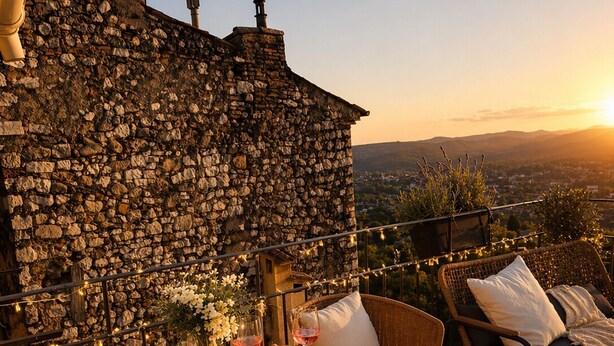 A stone wall, wicker chairs, a table set for dining, and a sunset view. - Duplex with panoramic terrace - Centre, Saint-Paul-de-Vence - Air conditioning & WiFi (Saint-Paul-de-Vence)