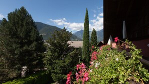 A garden with various plants and flowers, a tall tree, and a mountain range in the background. - Room 'Zimmer 21' with Shared Pool, Shared Terrace and Wi-Fi (Merano)