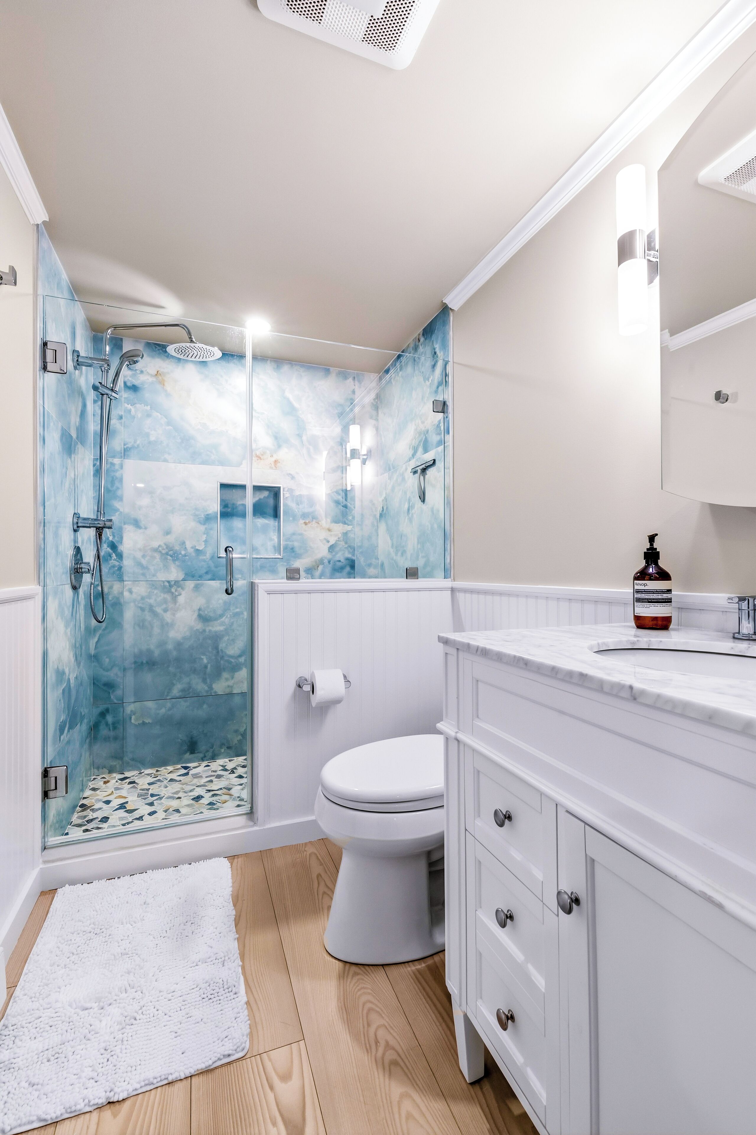 Hair dryer, towels, soap, shampoo