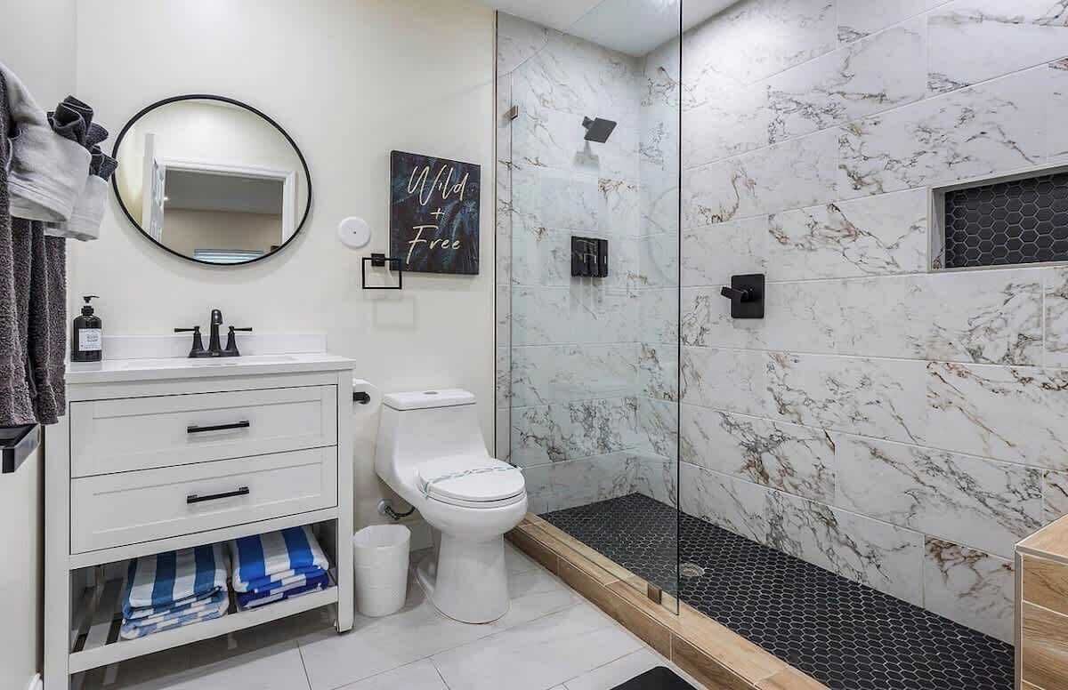 Shower, hair dryer, shampoo