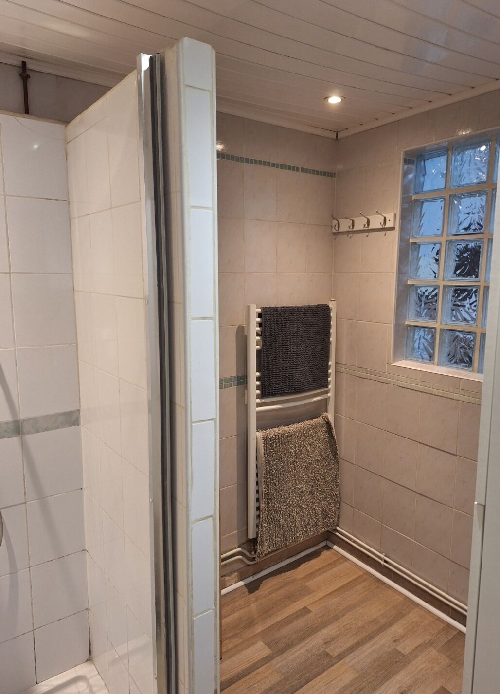 Shower, hair dryer, towels, toilet paper