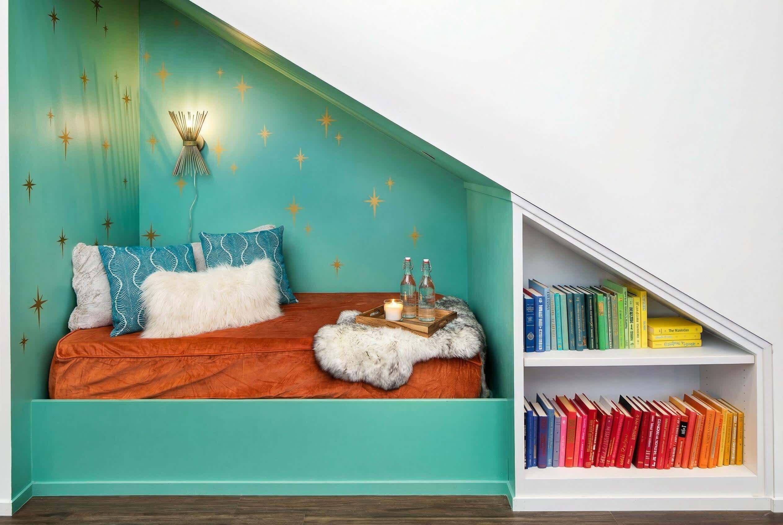 Une pièce chaleureuse avec un mur de couleur turquoise, un lit recouvert d’une couverture blanche et moelleuse, un mur décoré de motifs en forme d’étoiles et une bibliothèque remplie de livres.