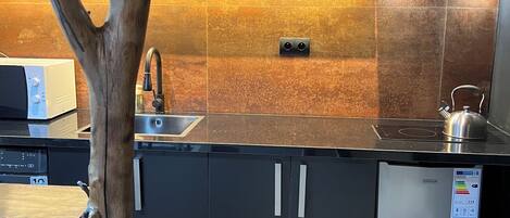 A modern kitchen with a built-in dishwasher, a kettle, and a framed artwork on the wall.