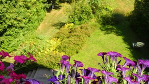 Un jardín con terraza de madera y una silla, rodeado de abundante vegetación.