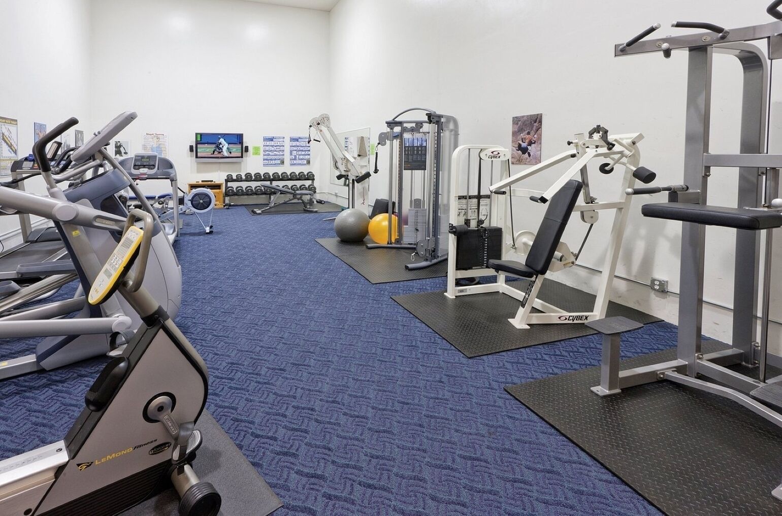 Een fitnessruimte met cardioapparatuur, losse gewichten en een gewichtbank.