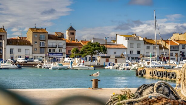 Un porto turistico con barche, un gabbiano e edifici con balconi.