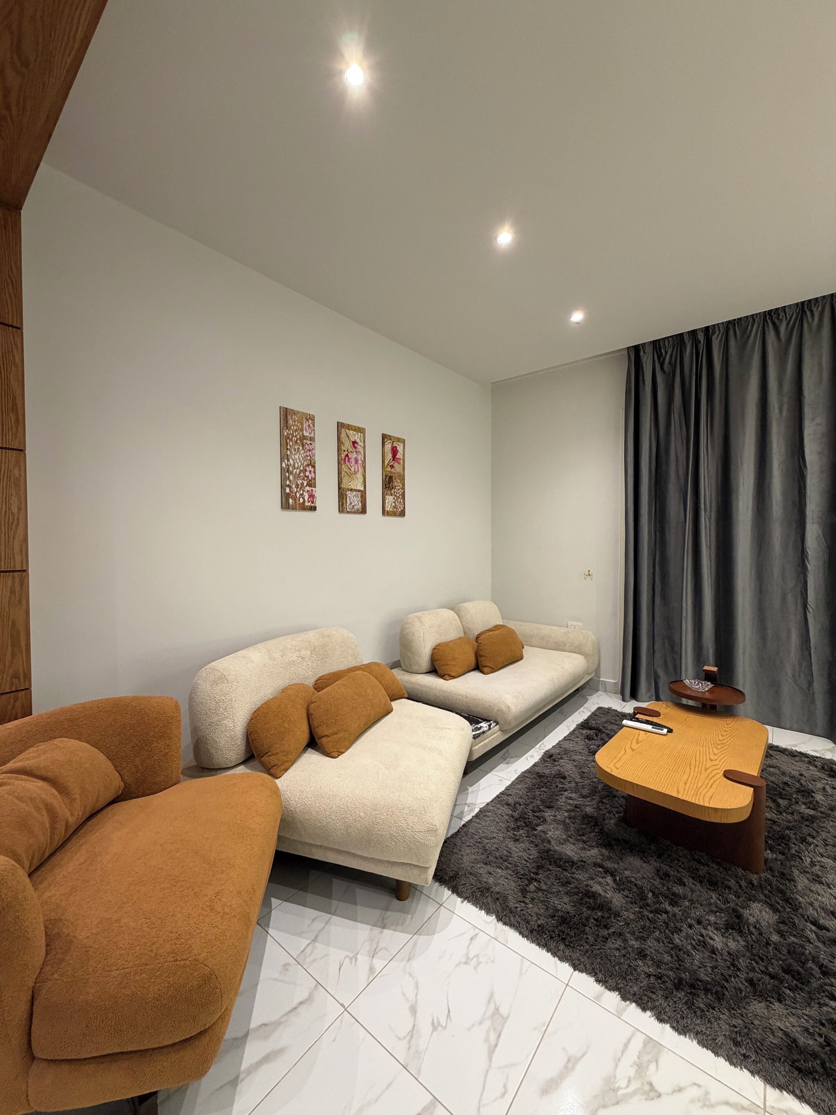 Una sala de estar moderna con un sofá, sillones, una mesa de centro y una alfombra.