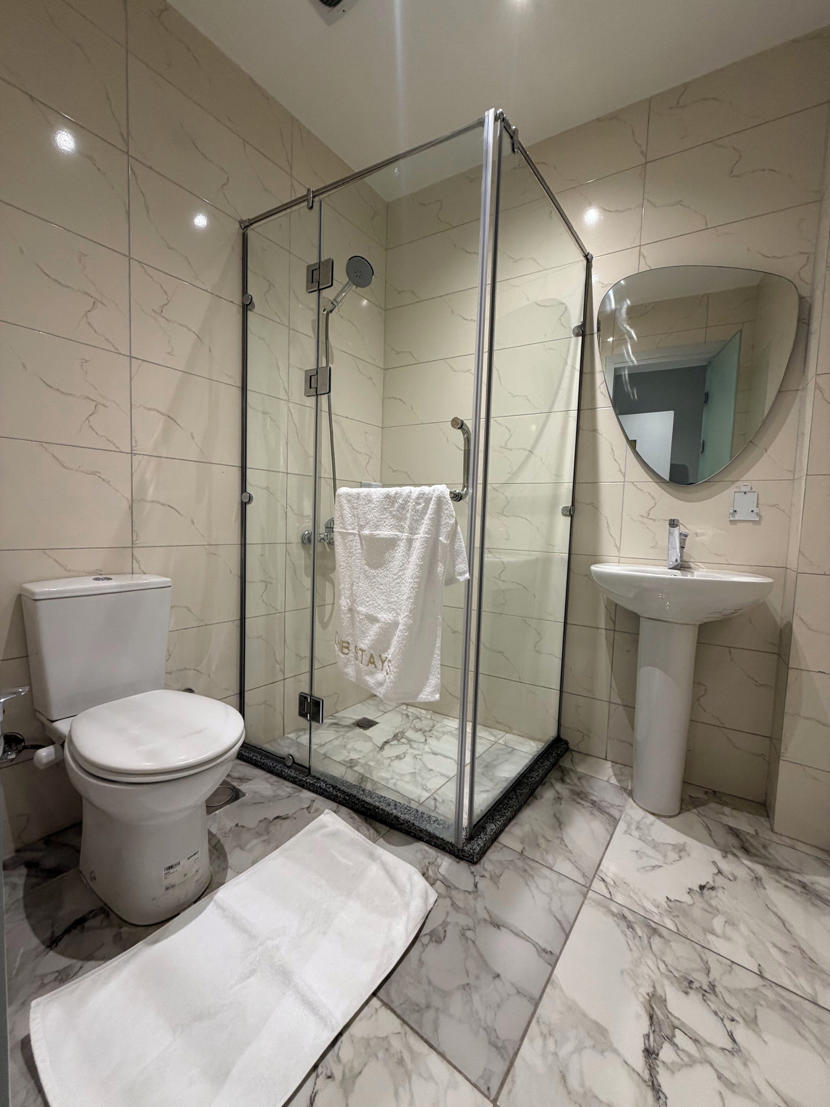 A bathroom with a glass-enclosed shower, a toilet, a sink, and a mirror.