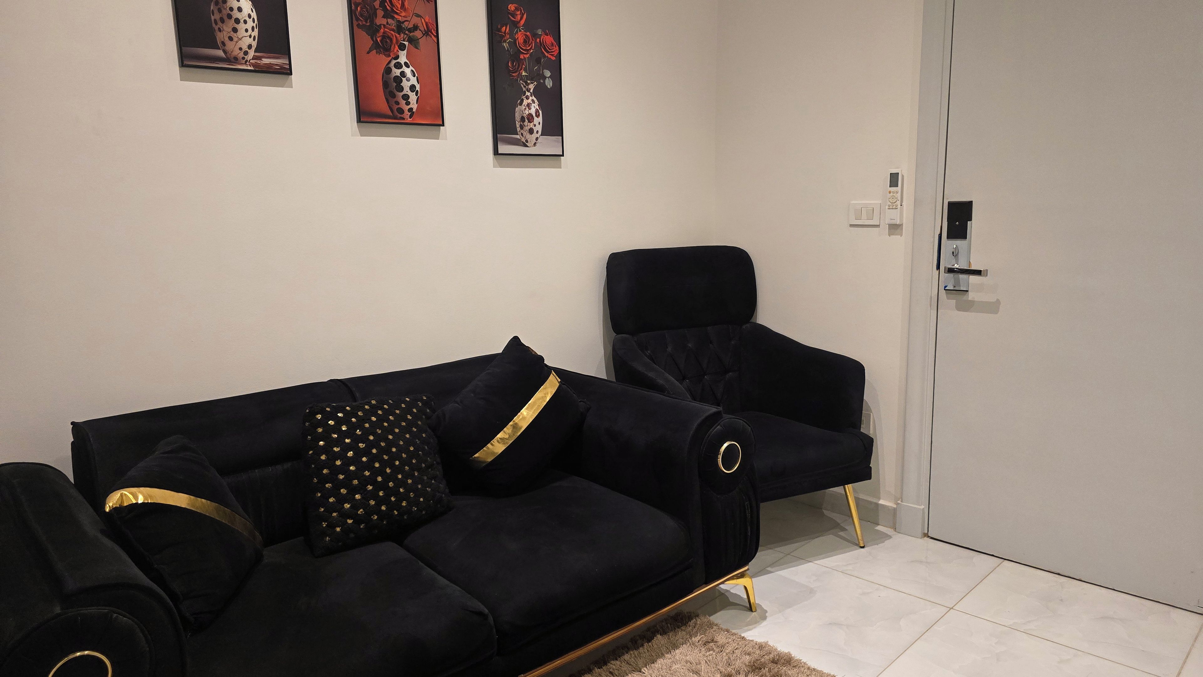 Ein schwarzes Sofa mit goldenen Akzenten, ein schwarzer Sessel und eine weiße Tür mit Schloss.