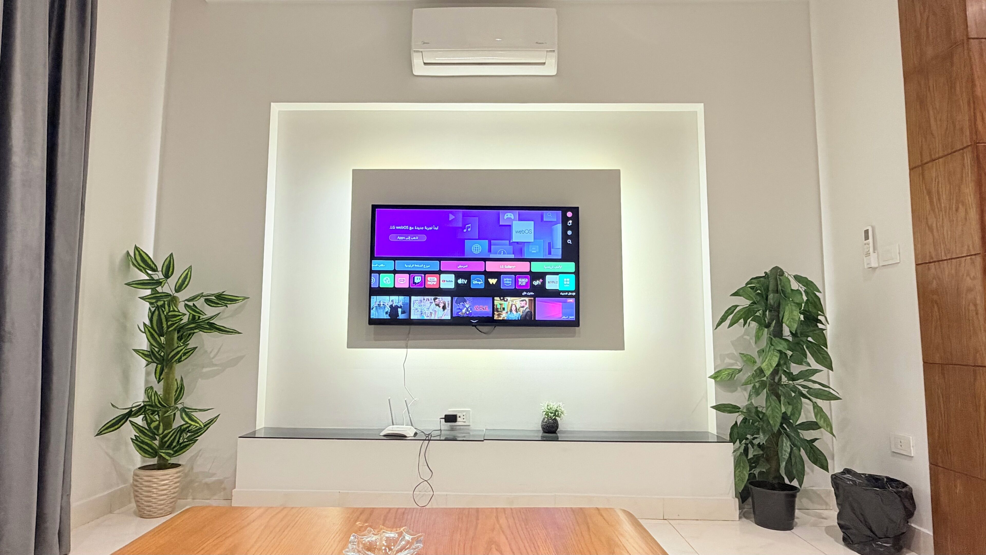 A flat-screen TV mounted on a wall with a modern design, flanked by potted plants.