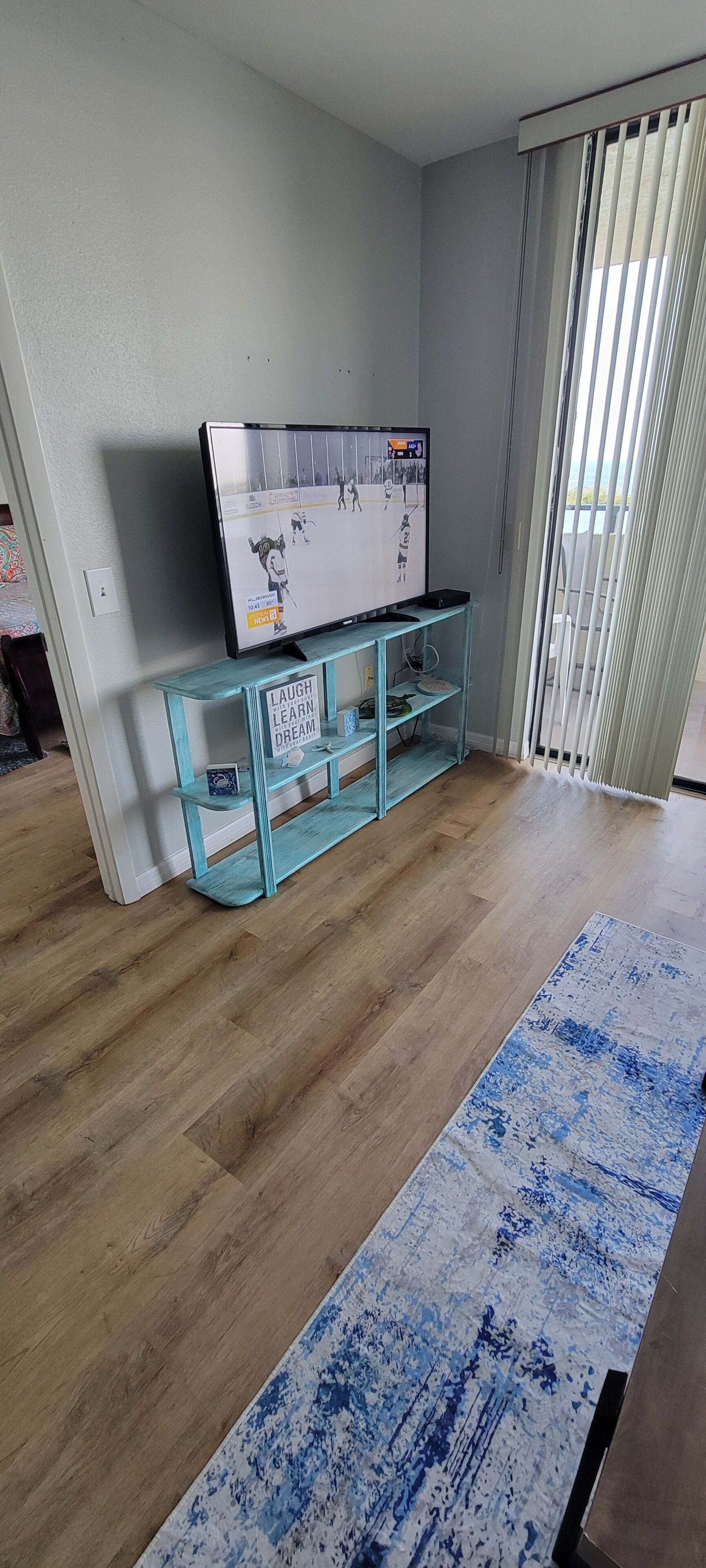 A living room with a flat-screen TV on a stand, a blue rug, and a sliding glass door.