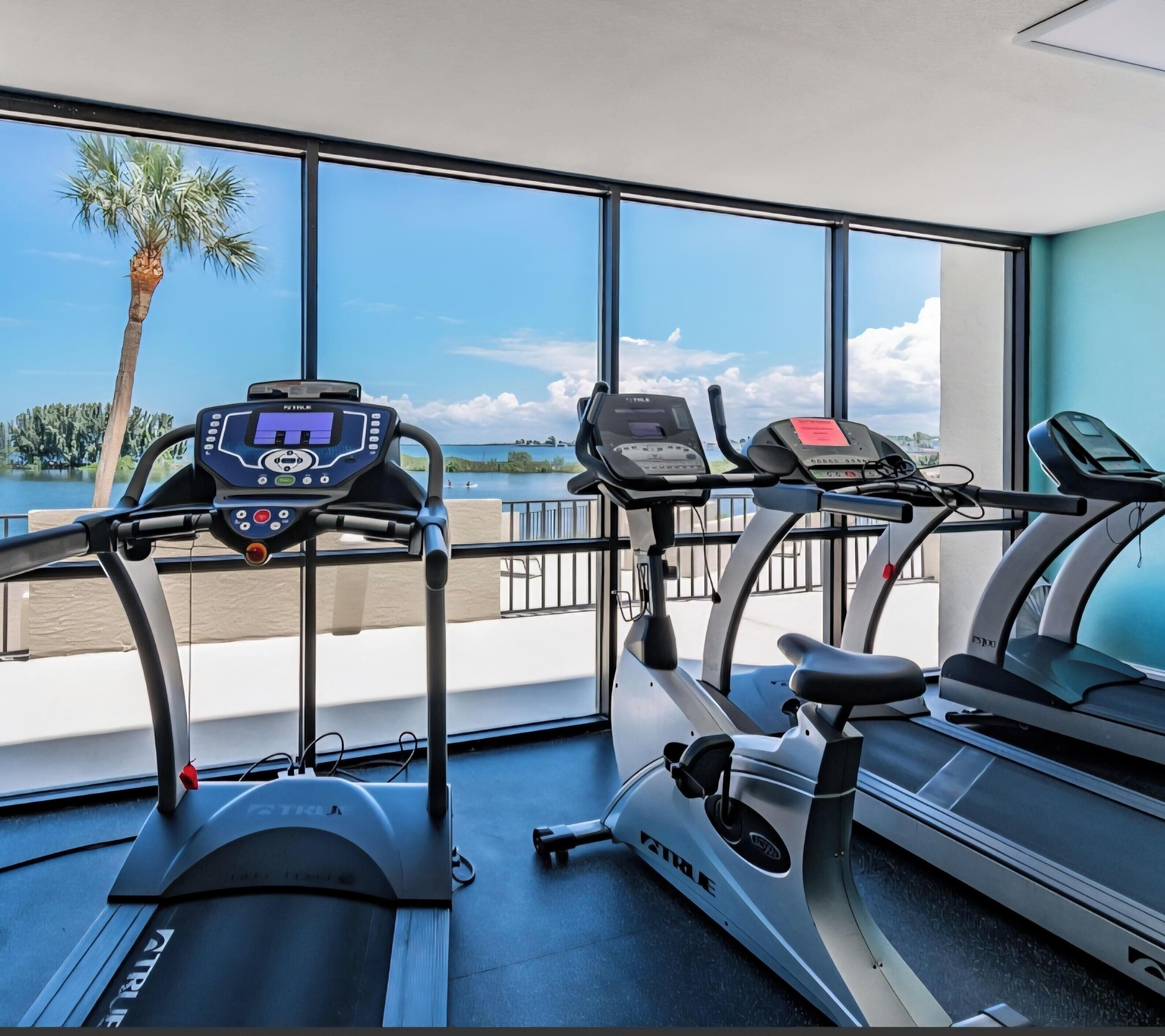 A gym with treadmills and an elliptical machine, large windows with a view of palm trees and water.