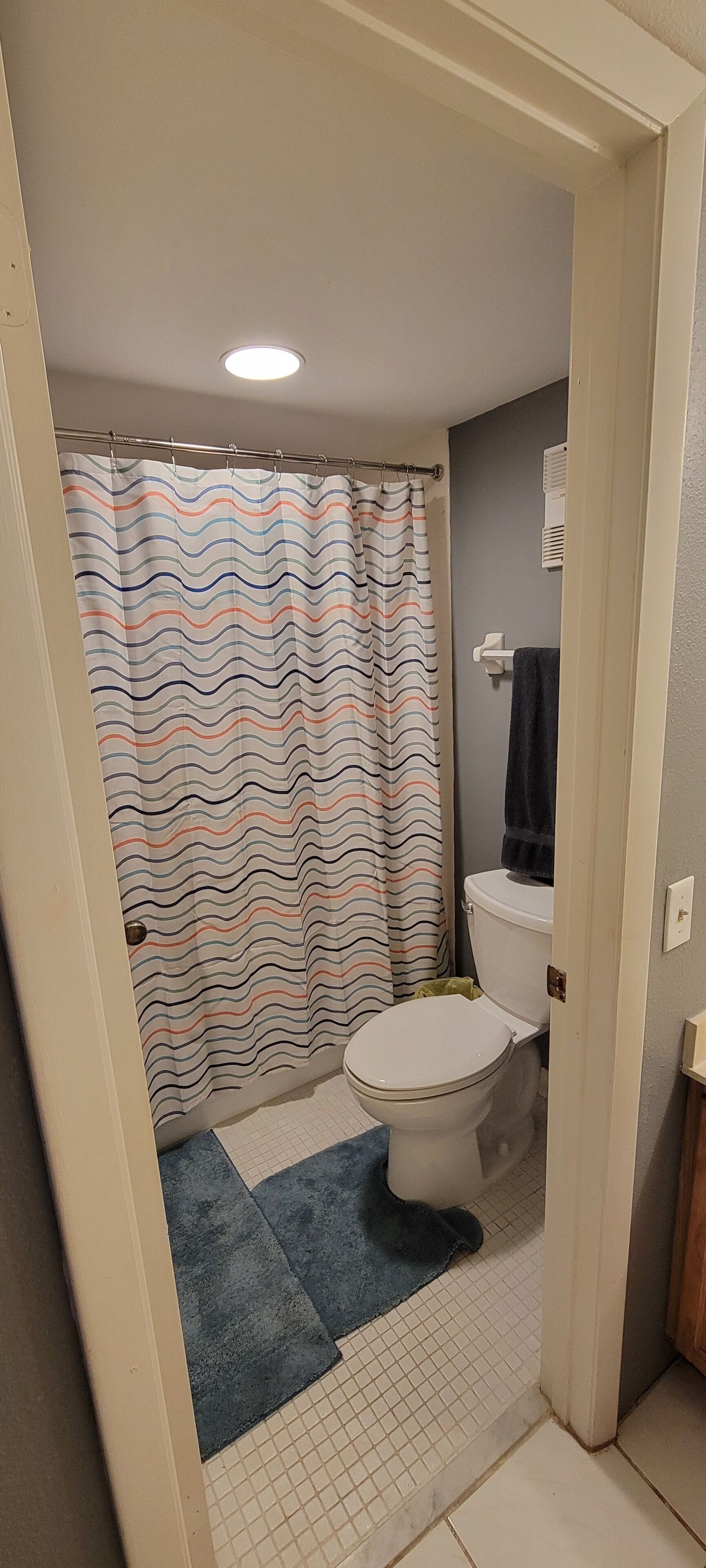 A bathroom with a striped shower curtain, a toilet, and a towel rack.