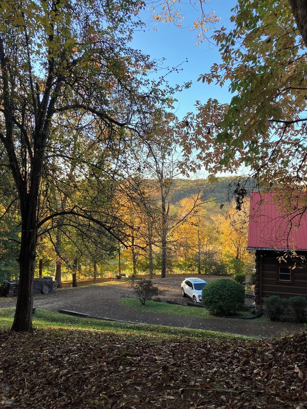 A cabin with a red roof, surrounded by trees with autumn foliage, a gravel driveway, and a parked car.