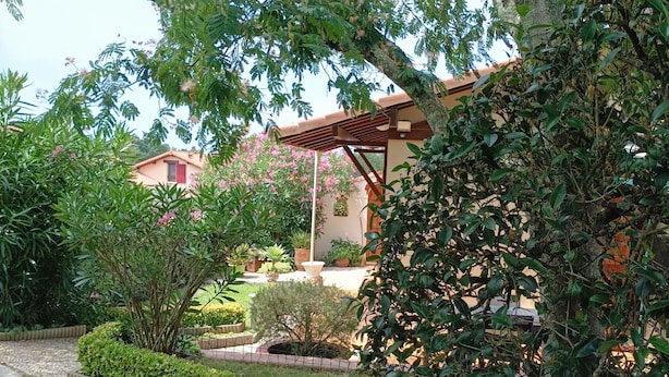 Caminho no jardim que leva a um edifício com pérgula, cercado por vegetação exuberante e plantas floridas.