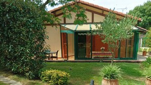 Uma casa com varanda, gramado e plantas em vasos.