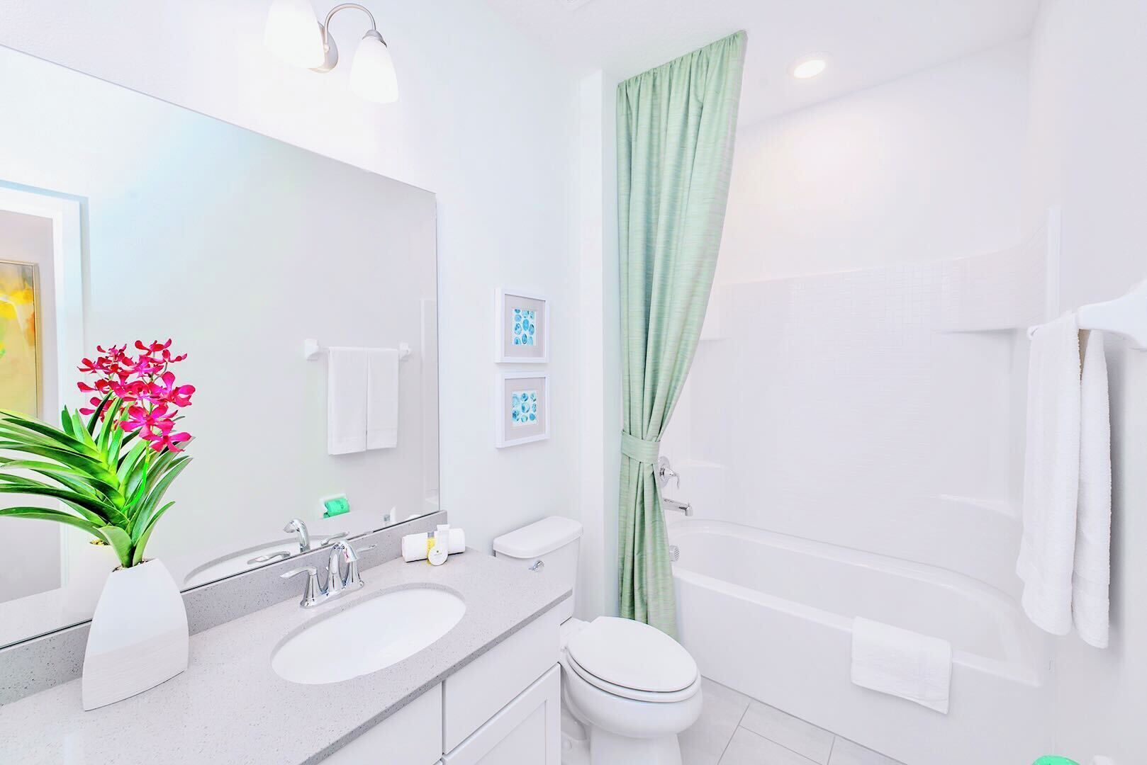 Un baño moderno con lavamanos, espejo y váter blancos. Hay una cortina de ducha verde y una maceta con flores rosas.