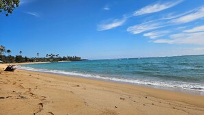 A beach with clear blue water, sandy shore, and palm trees. - Kauai Garden Retreat  Pono Kai Resort  PK-H205 (Kapaʻa)
