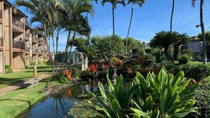 Ein Hotel mit Pool, Palmen und einem Garten mit verschiedenen Pflanzen.
