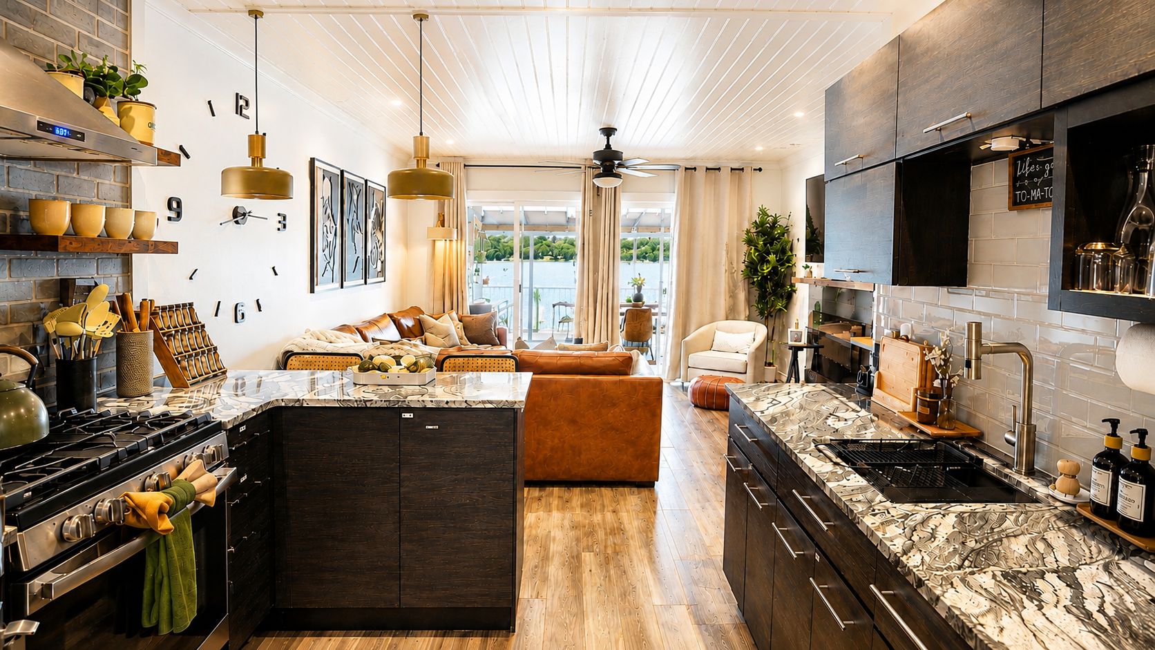 Une cuisine moderne dotée d’un îlot central, de meubles de rangement aux couleurs sombres et d’un coin repas avec un canapé et des chaises.