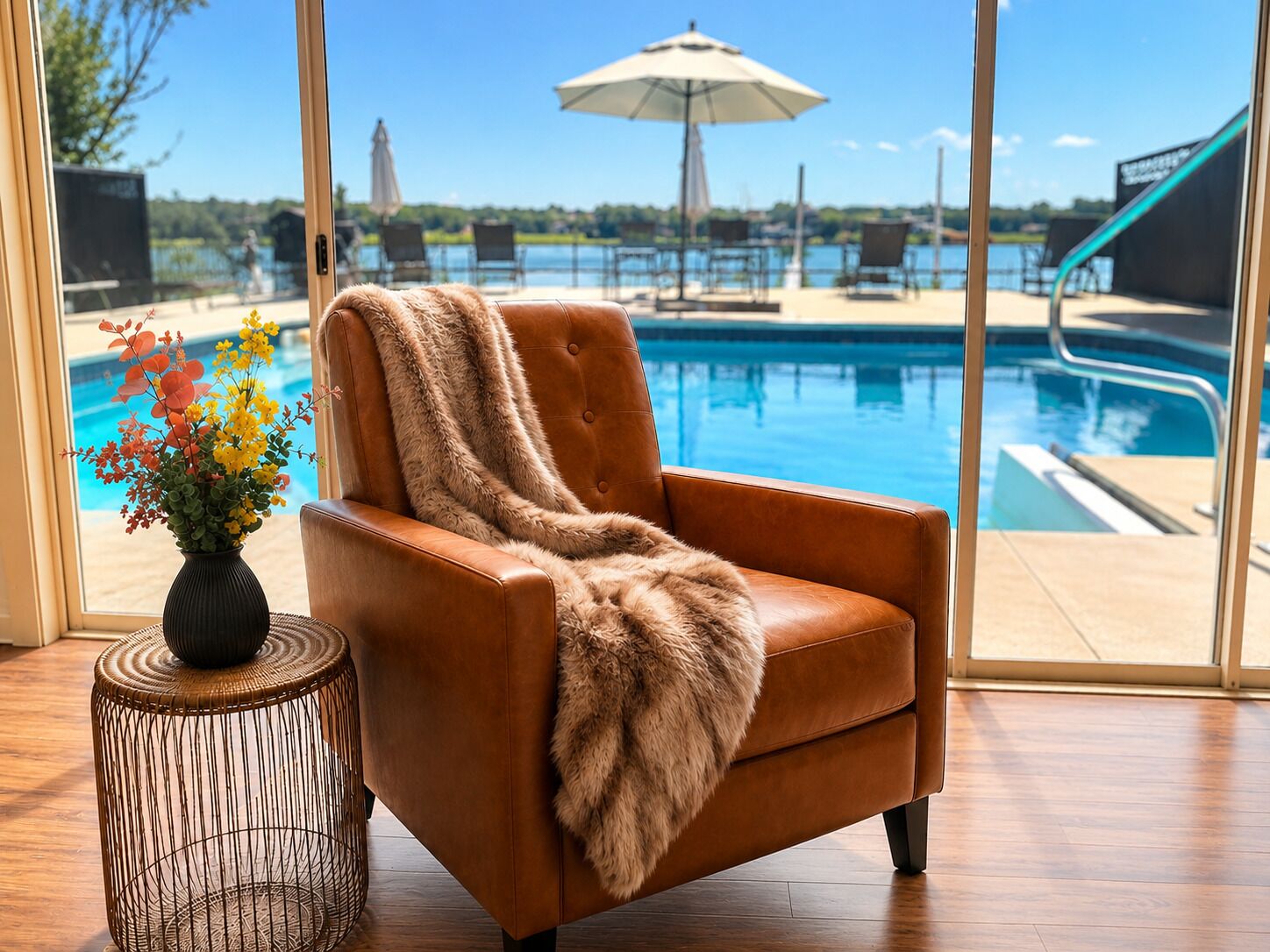 A tan leather armchair with a fur throw, a wicker side table with a vase of flowers, and a view of a swimming pool with lounge chairs and umbrellas.