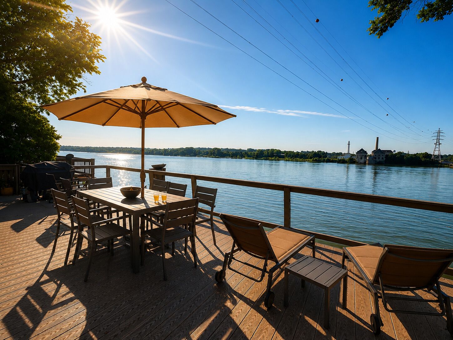 Een terras met een tafel, stoelen, een grote parasol en uitzicht op een waterpartij met gebouwen op de achtergrond.