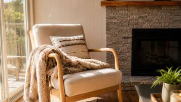Smart TV, fireplace, books, printers