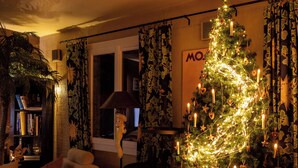 En hyggelig stue med et juletræ, en reol og en lampe.