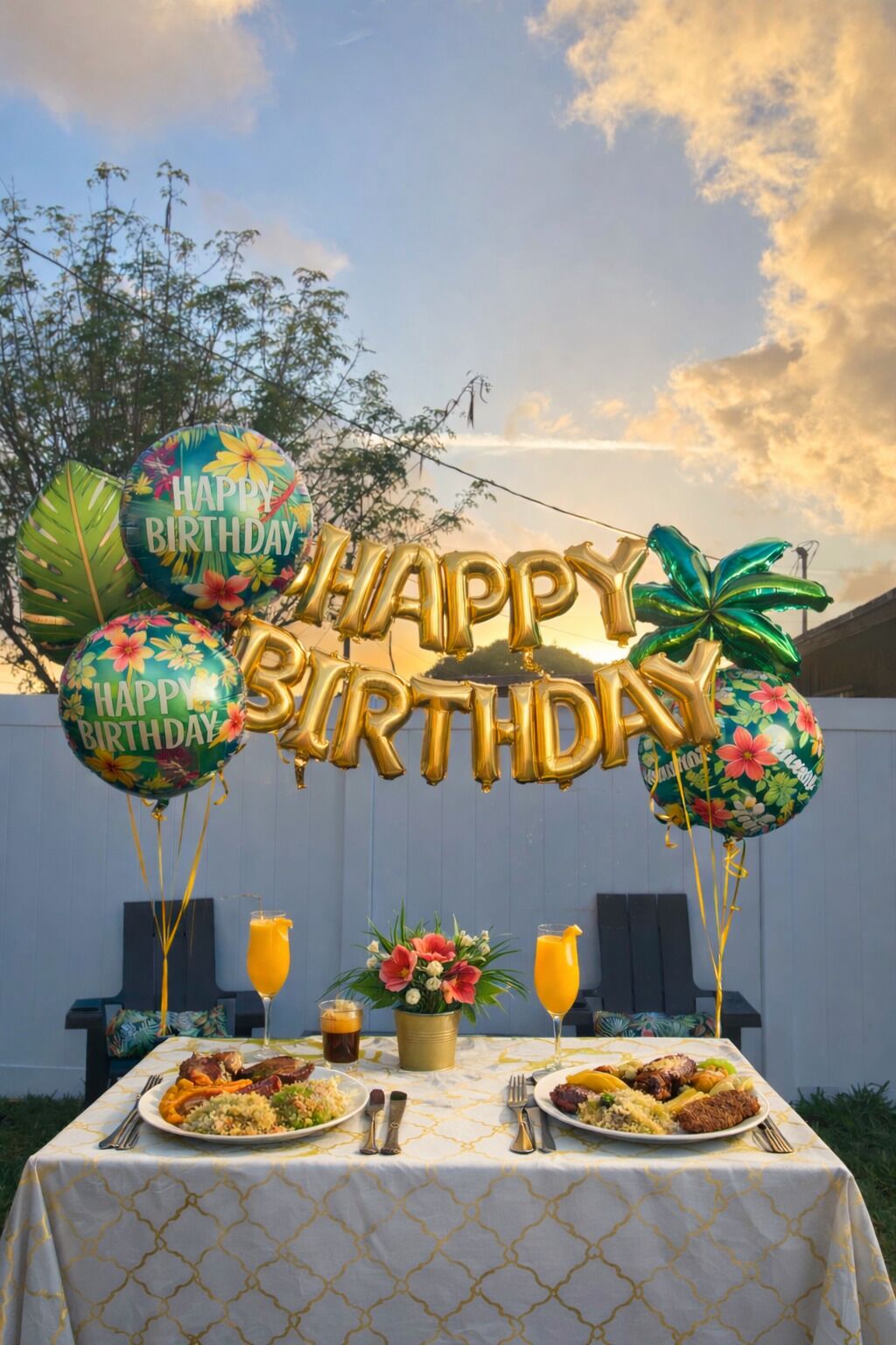 Une décoration pour une fête d’anniversaire, avec une table dressée pour deux personnes, agrémentée d’une arche de ballons sur le thème tropical et d’une pancarte indiquant « Joyeux anniversaire ».