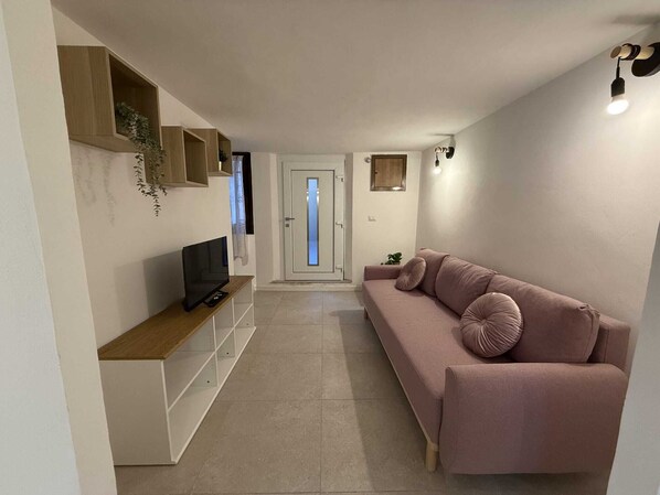 A living room with a TV on a wooden shelf, a pink sofa, and a door with a frosted glass panel.