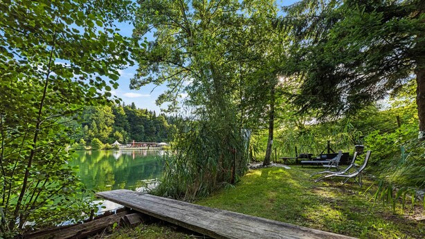 Una terraza de madera que da a un lago tranquilo, rodeado de vegetación exuberante y un cielo despejado.