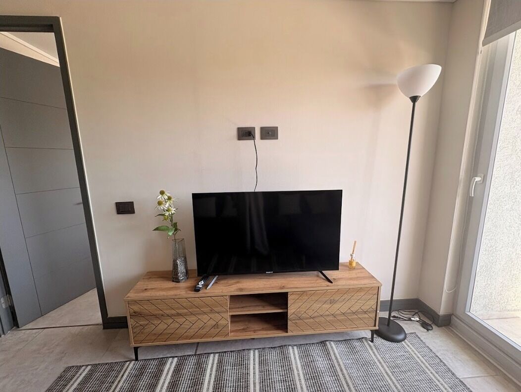 Ein modernes Wohnzimmer mit Flachbildfernseher auf einer Holztruhe, einer Blumenvase und einer Stehlampe.
