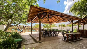 Eine Terrasse im Freien mit Holztischen und -stühlen, umgeben von Grünpflanzen und einem Reetdach.