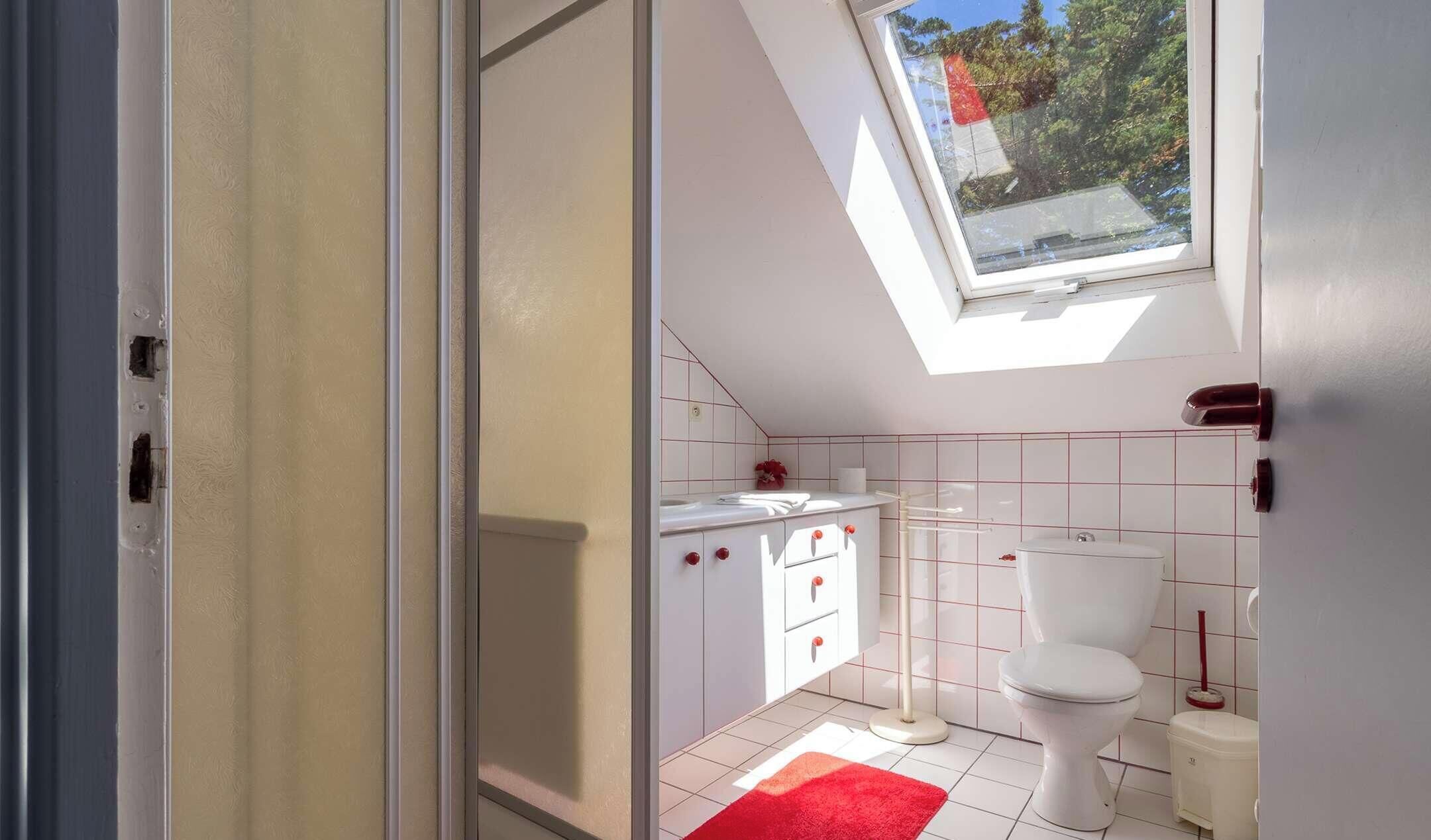A bathroom with a skylight, white tiles, a red rug, and a white toilet.