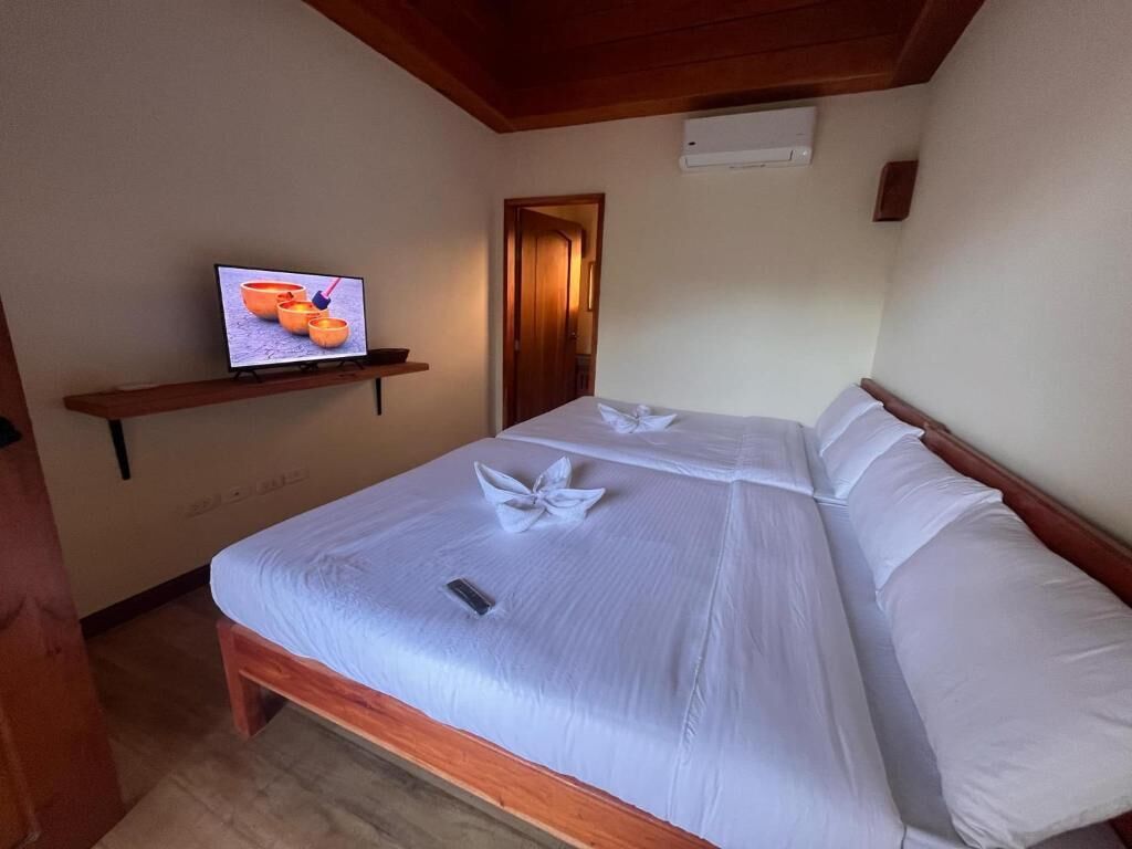Una habitación de hotel con una cama, un televisor en un estante y una puerta que da a otra habitación.