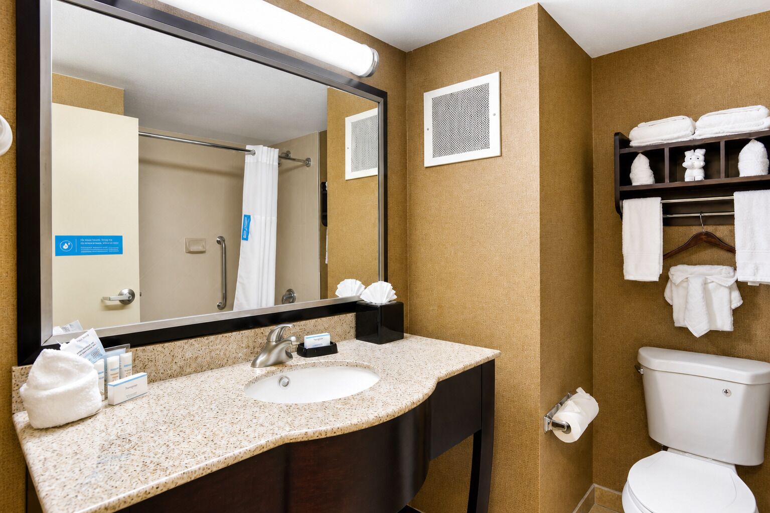 Hair dryer, towels, soap, shampoo