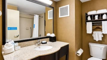 Hair dryer, towels, soap, shampoo