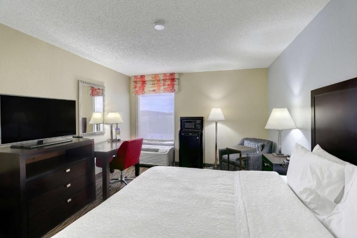 A hotel room with a bed, a desk, a television, a chair, a desk lamp, a bedside lamp, and a window with a view.