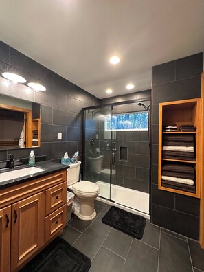 Hair dryer, towels, soap, toilet paper