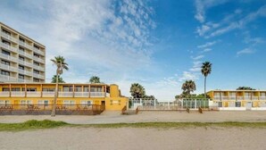Un hotel frente a la playa con edificios de varios pisos, una playa arenosa en primer plano y palmeras.