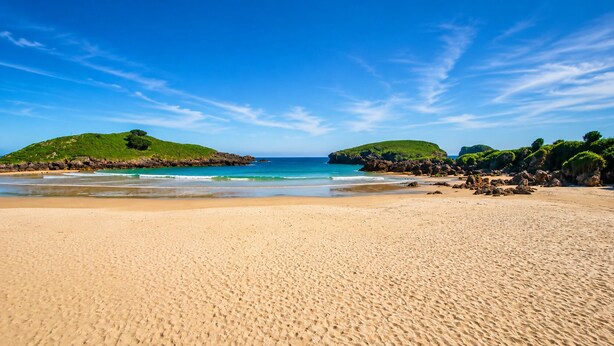 A beach with clear blue water, sandy shore, and green hills in the background. - House near Barro Beach Llanes | El Sumidoriu (Barro (Llanes))