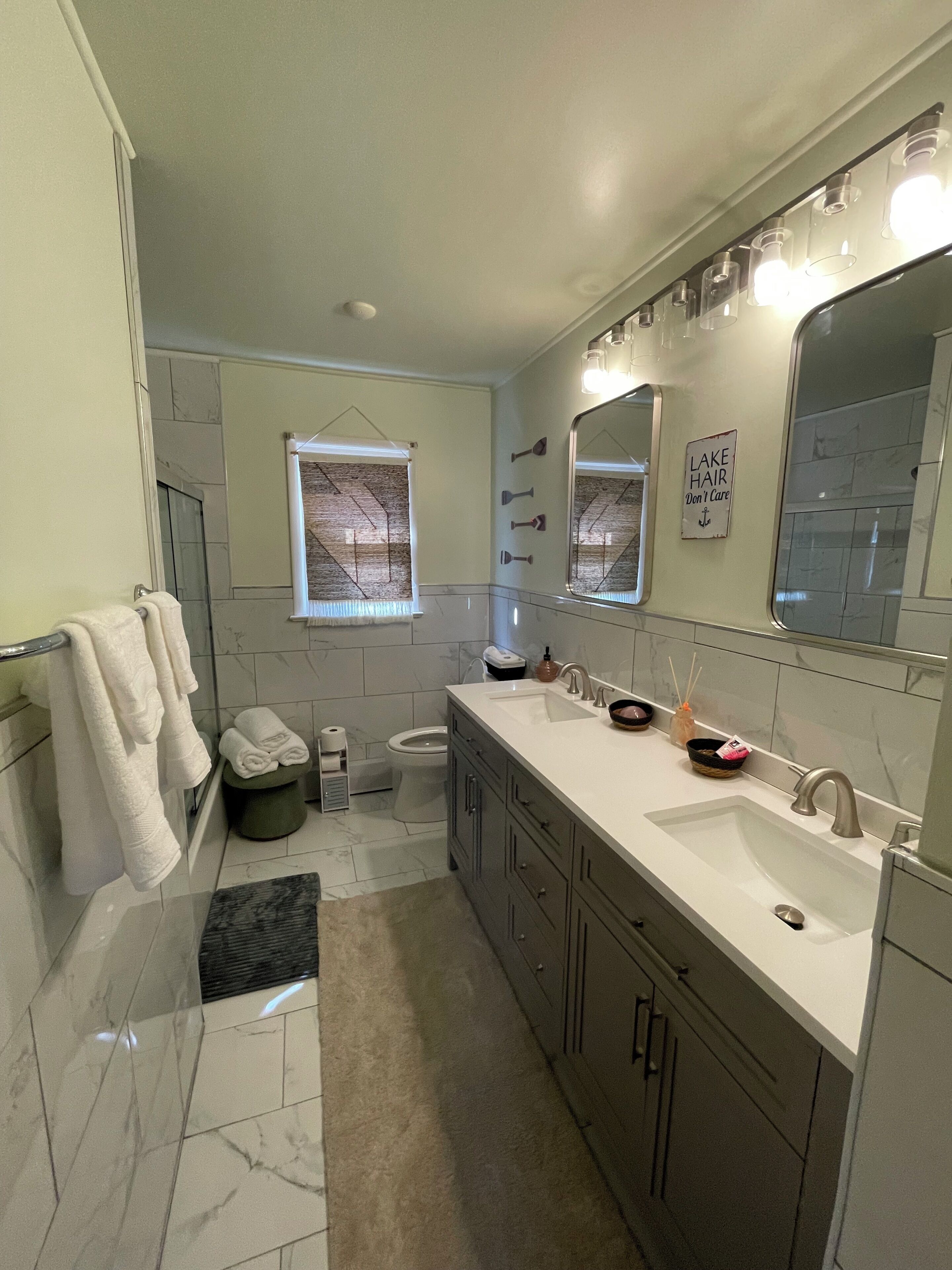 Hair dryer, towels, soap, toilet paper