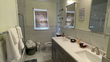 Hair dryer, towels, soap, toilet paper