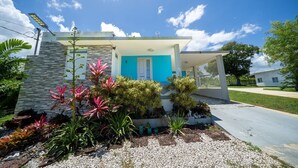 A modern house with a blue door, a covered porch, and a garden with various plants.