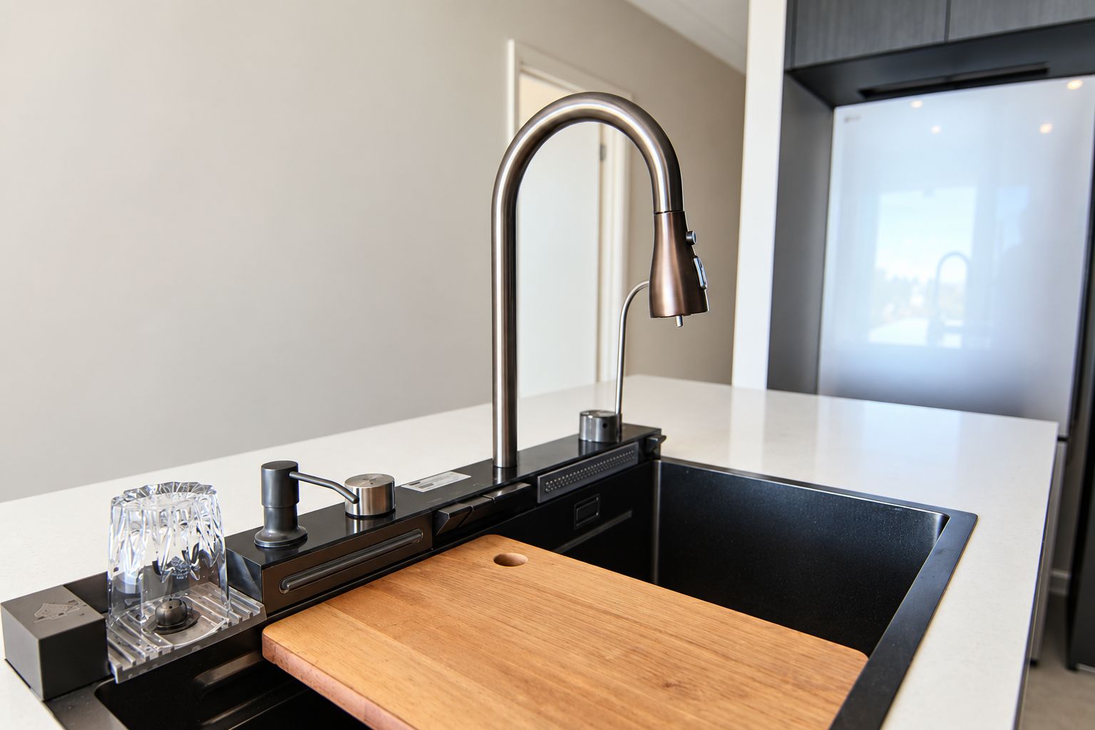 A modern kitchen with a stainless steel faucet, a wooden cutting board, and a glass container on the countertop.