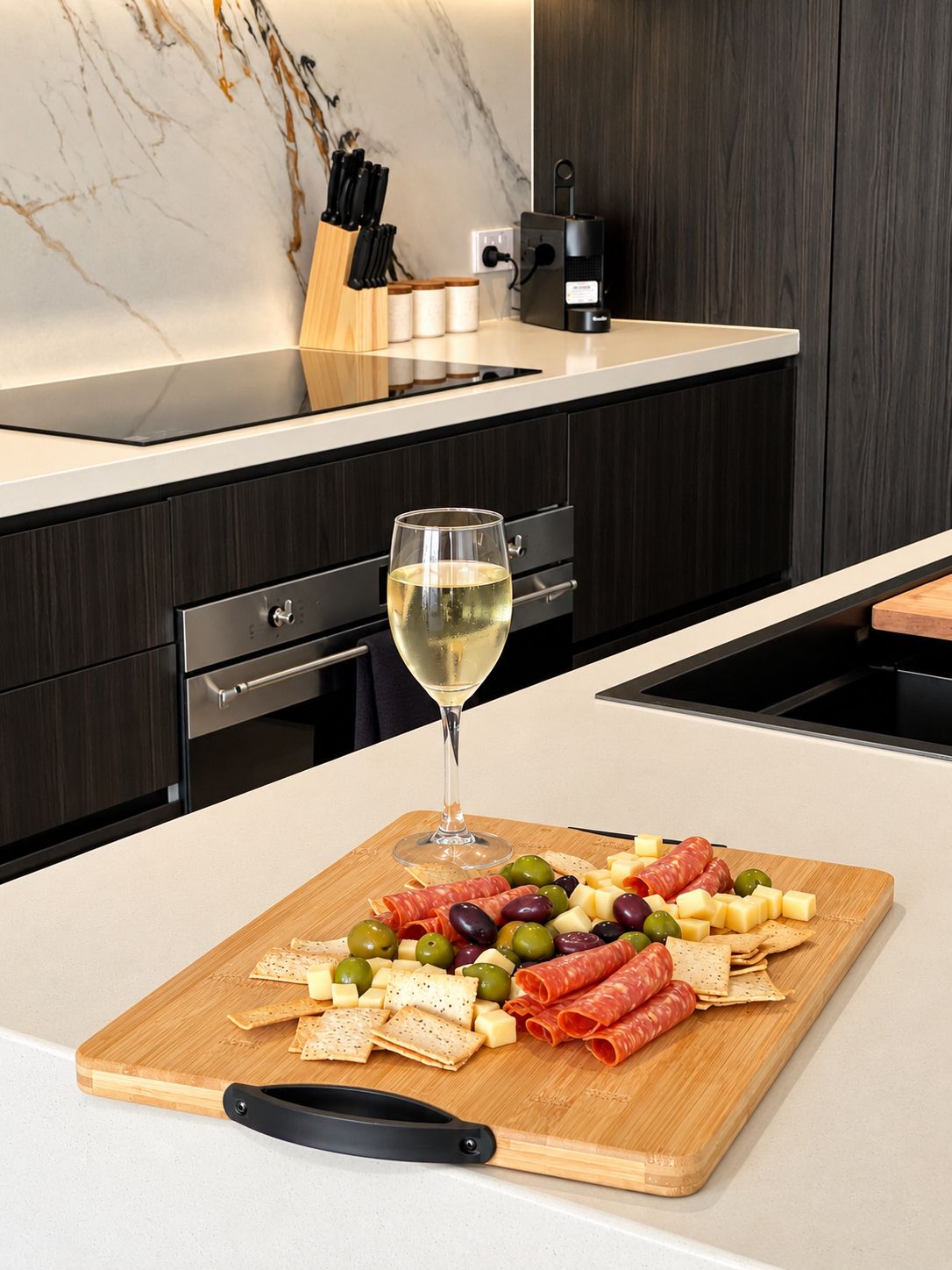 Eine moderne Küche mit Marmor-Spritzschutz, dunklen Holzschränken und einem Holzschnittbrett mit einem Glas Weißwein sowie verschiedenen Käse- und Fleischsorten.