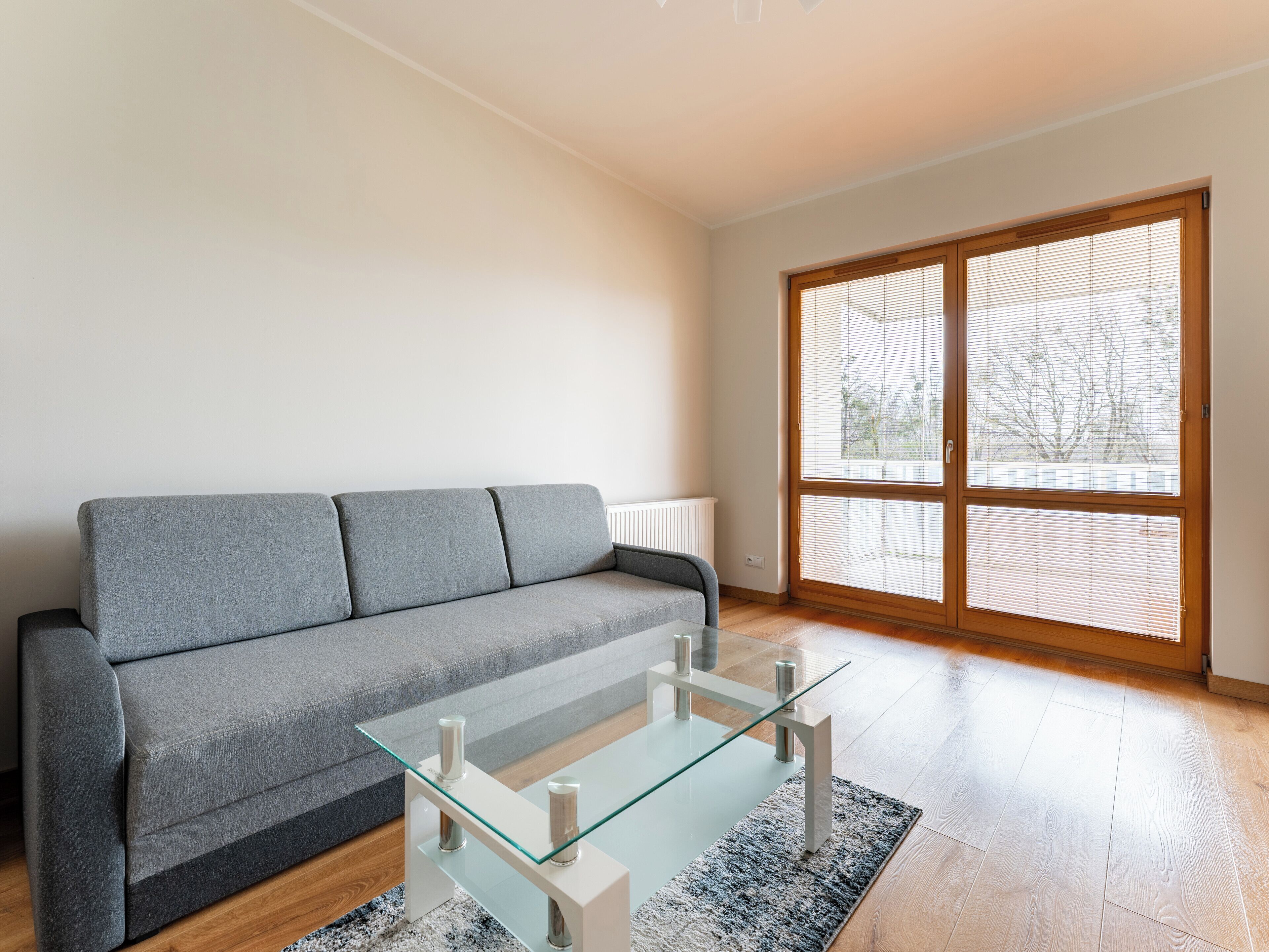 A modern living room with a grey sofa, a glass coffee table, and a large window with blinds.