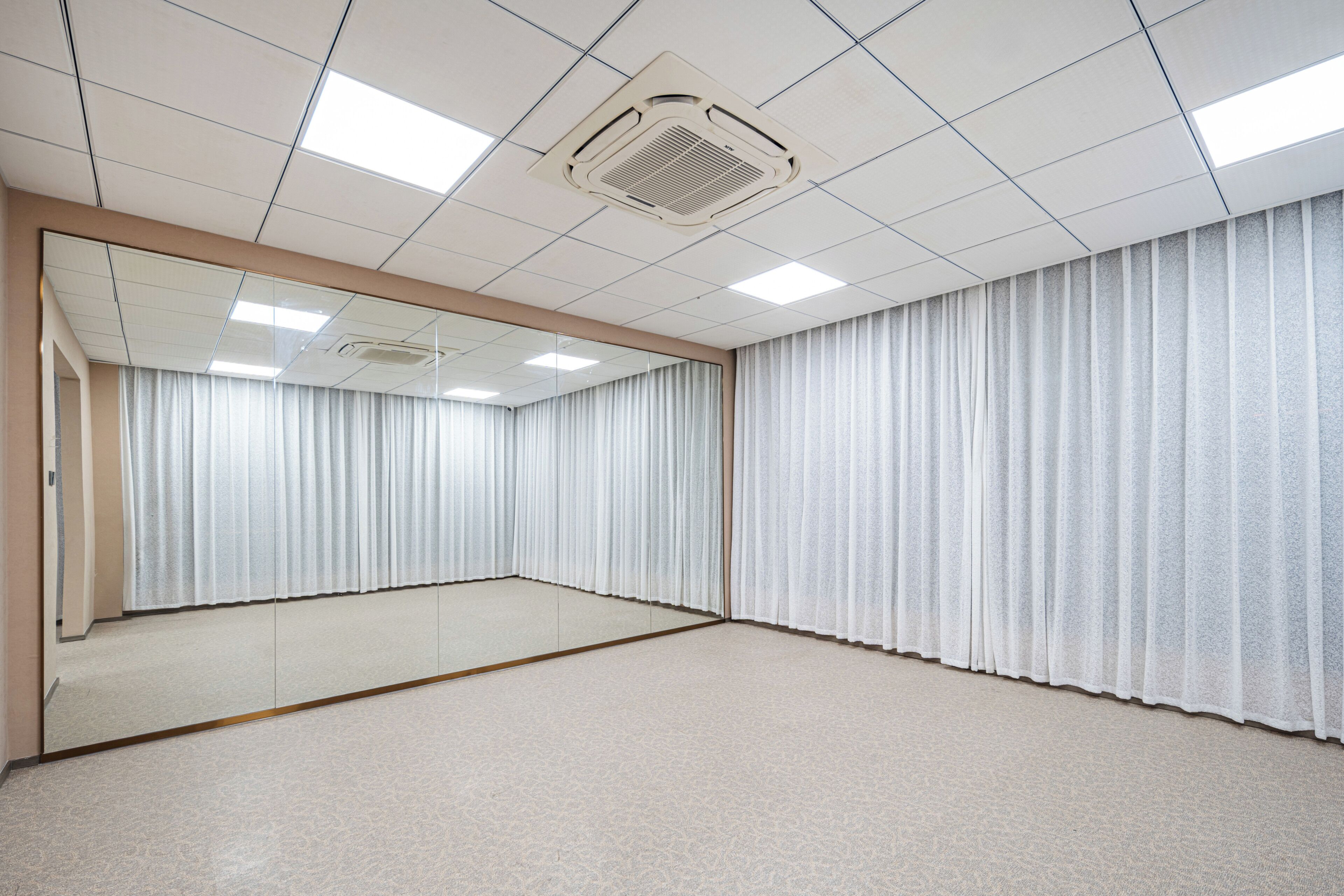 A large, empty room with a mirrored wall, a ceiling with recessed lighting, and a carpeted floor.