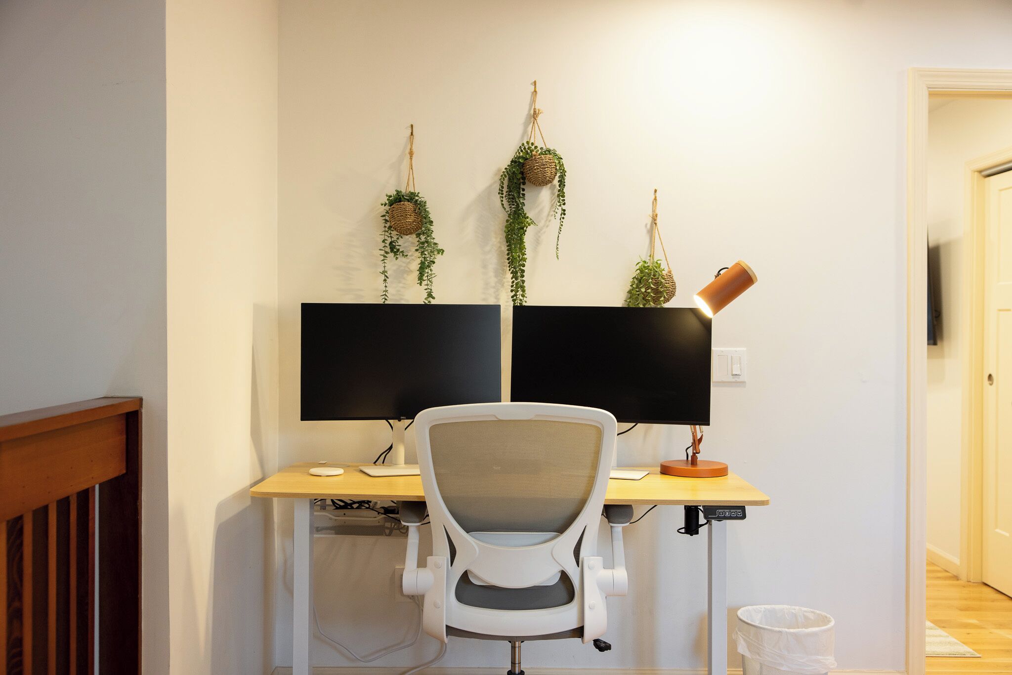 Un'area lavoro con due monitor, una sedia da ufficio bianca e piante pensili.