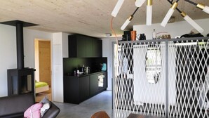 Ett modernt vardagsrum med en soffa, ett matbord, ett köksområde och en öppen spis.